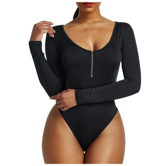 Chic Black Zip-Front Bodysuit - Picture 1 of 7